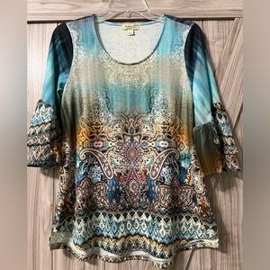 ONE WORLD Boho Top with Ruffled 3/4 Sleeves Sz PM